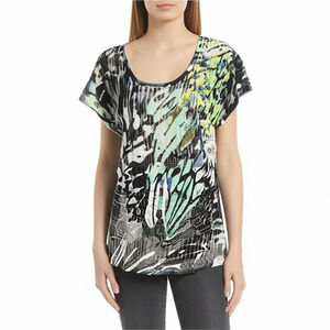 Alberto Makali Blouse‎ Multicolor Abstract Pattern Rhinestone Mesh Artsy Glam